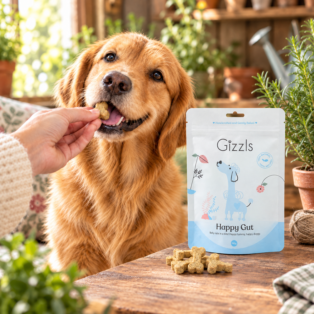 Golden Retriever being fed a Gizzls Happy Gut Small Dog Treats treat