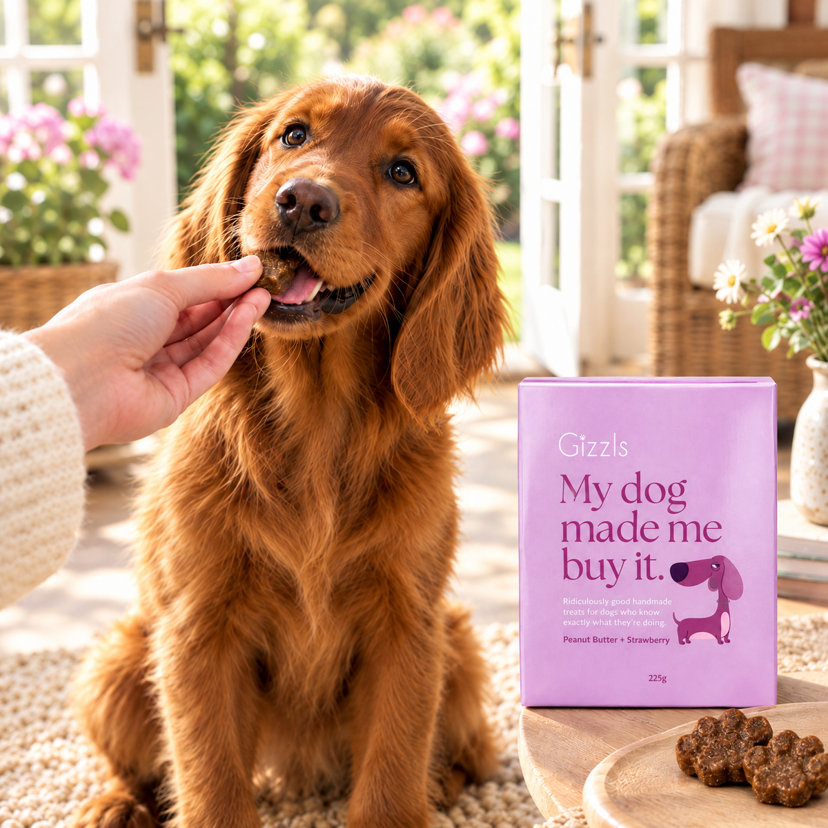 Irish Setter puppy being fed a Gizzls My Dog Made Me Buy It Peanut Butter & Strawberry treat