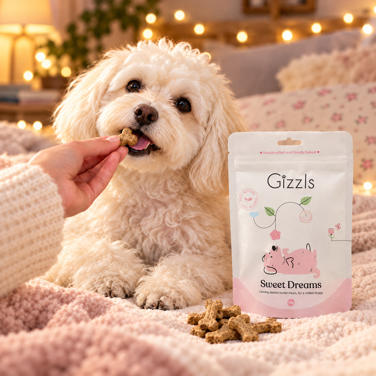 Bolognese being fed a Gizzls Sweet Dreams Small Dog Treats treat
