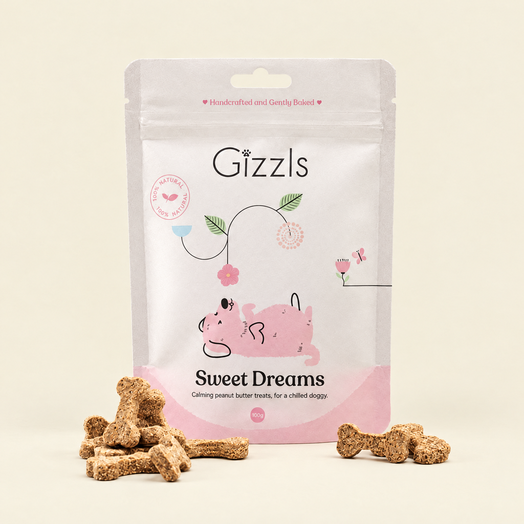 Gizzls Sweet Dreams Small Dog Treats pack with treats on cream