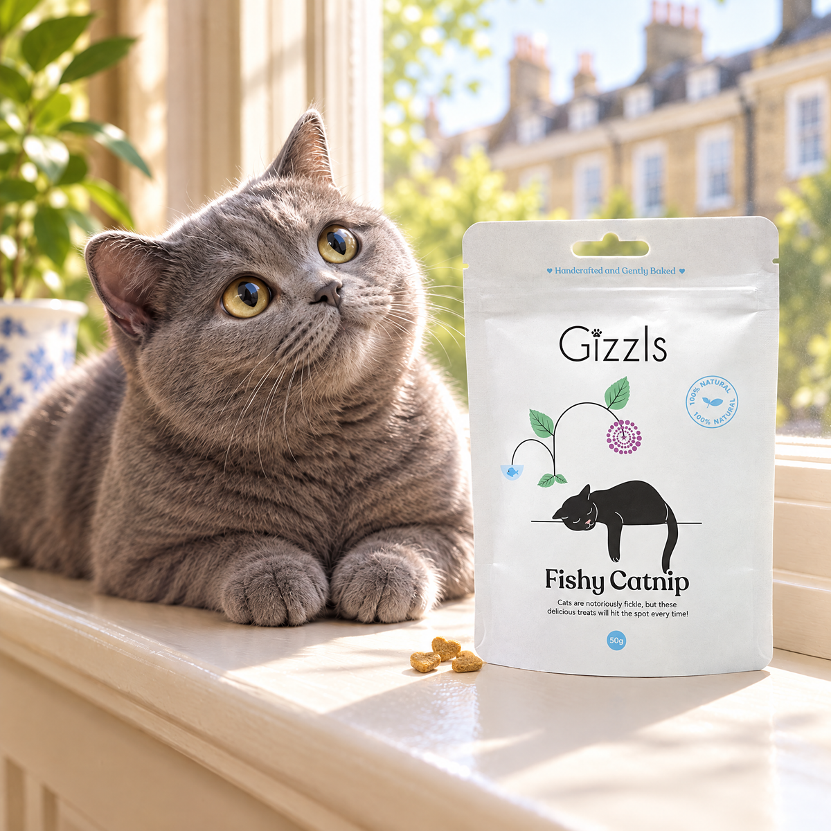 British Blue cat gazing at a pack of Gizzls Fishy Catnip Cat Treats
