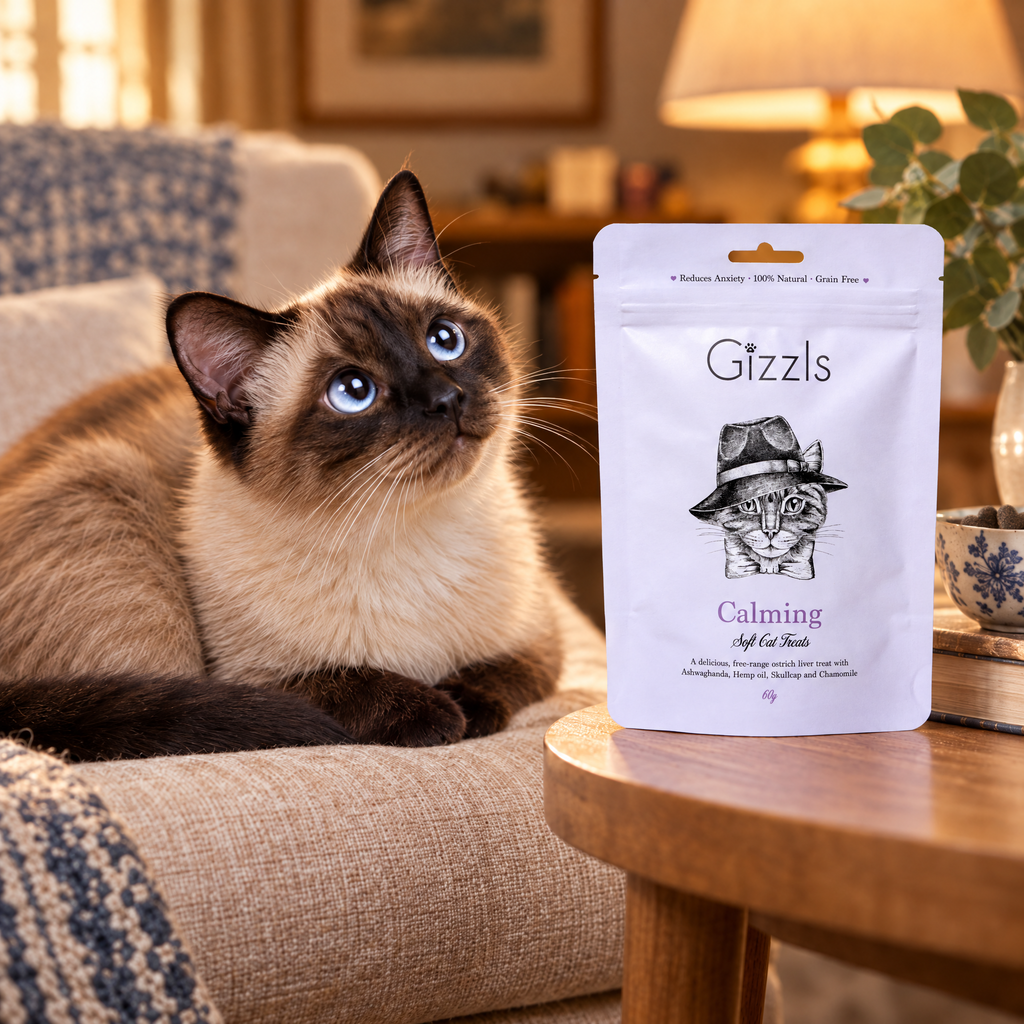 Siamese cat gazing at a pack of Gizzls Calming Soft Cat Treats