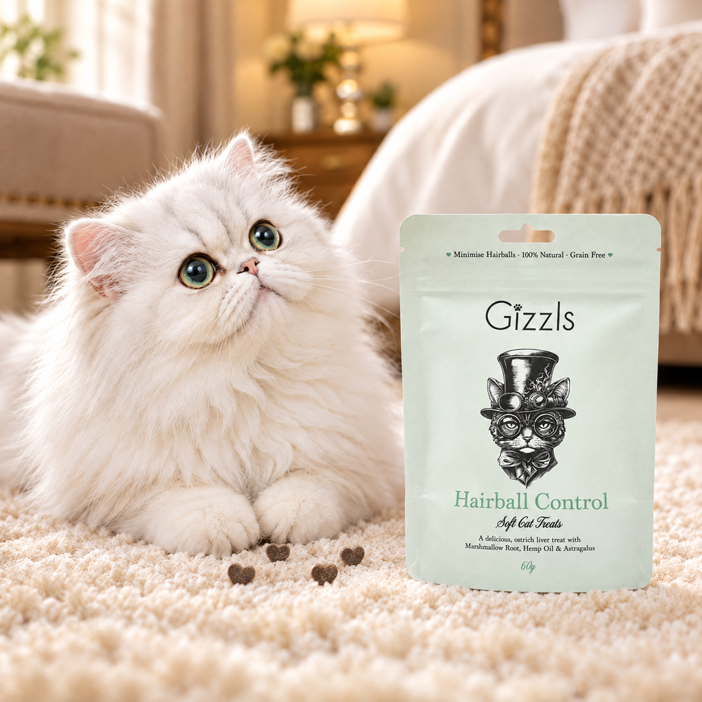 Persian cat gazing at a pack of Gizzls Hairball Control Soft Cat Treats