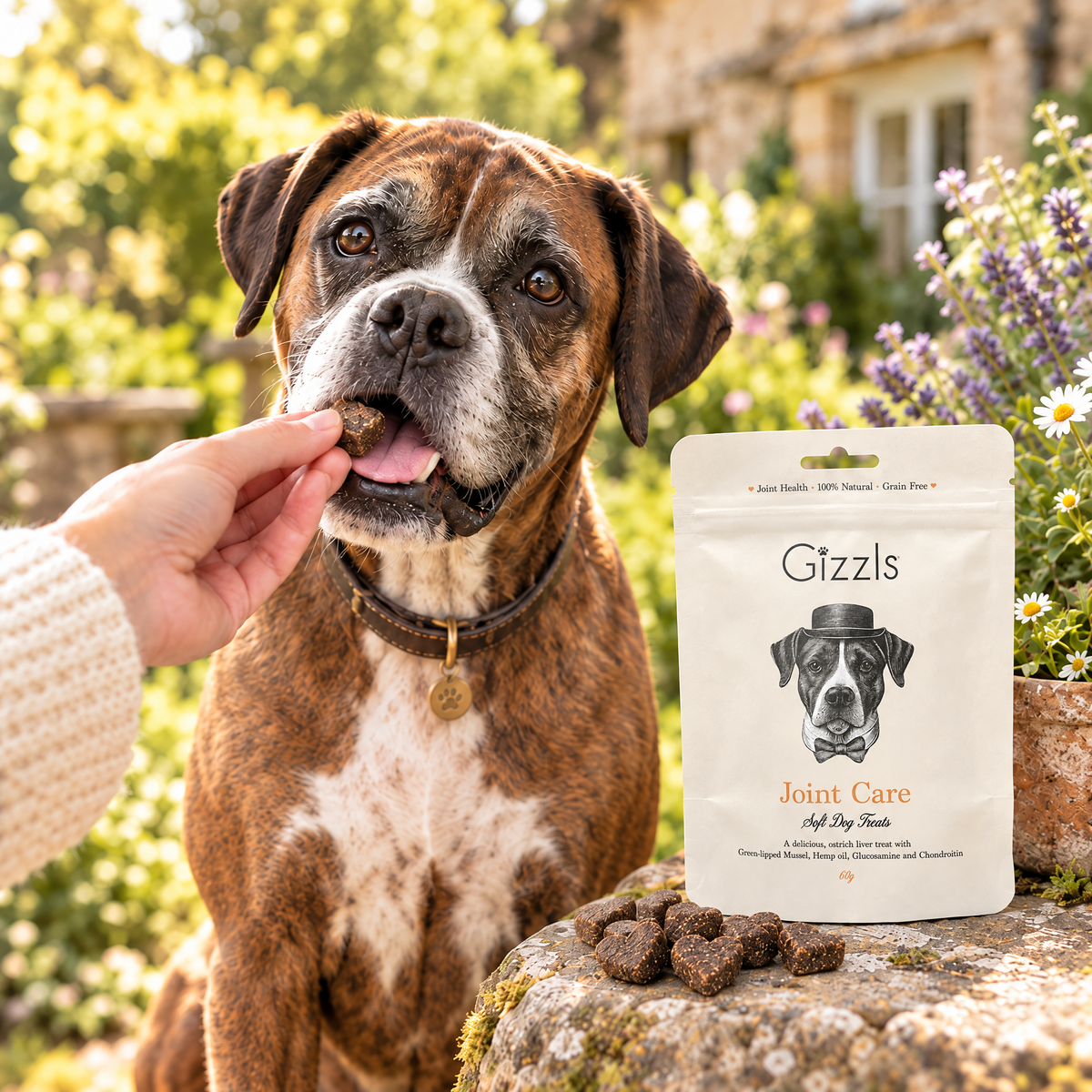 Senior Boxer being fed a Gizzls Joint Care Soft Dog Treats treat