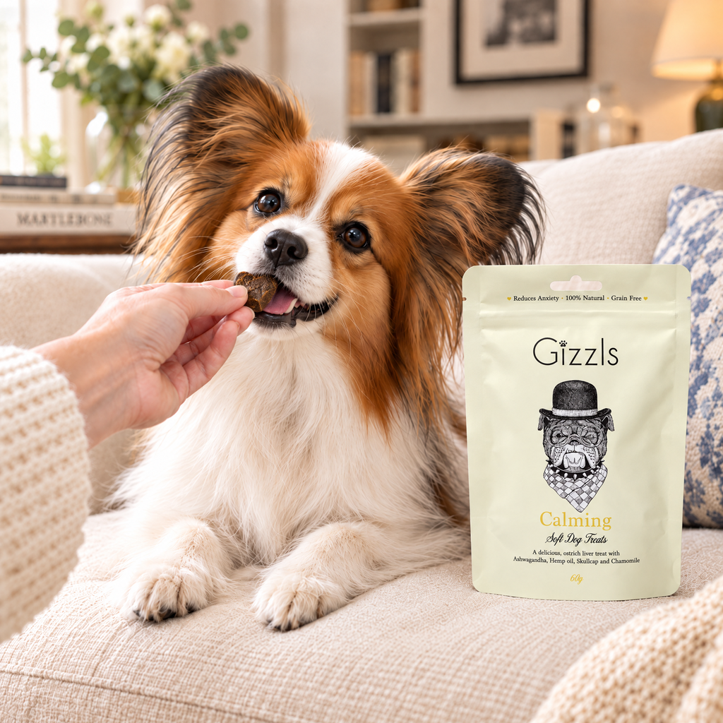 Papillon being fed a Gizzls Calming Soft Dog Treats treat