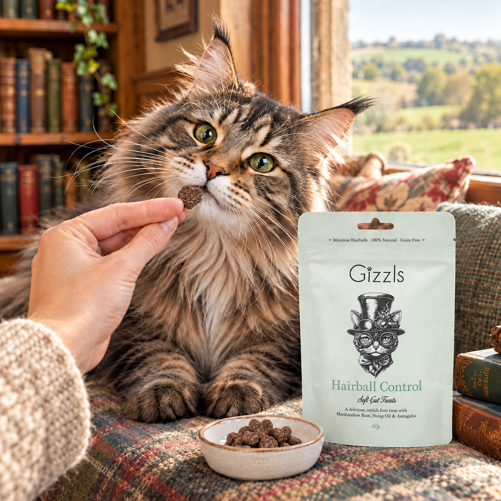 Maine Coon cat being fed a Gizzls Hairball Control Soft Cat Treats treat