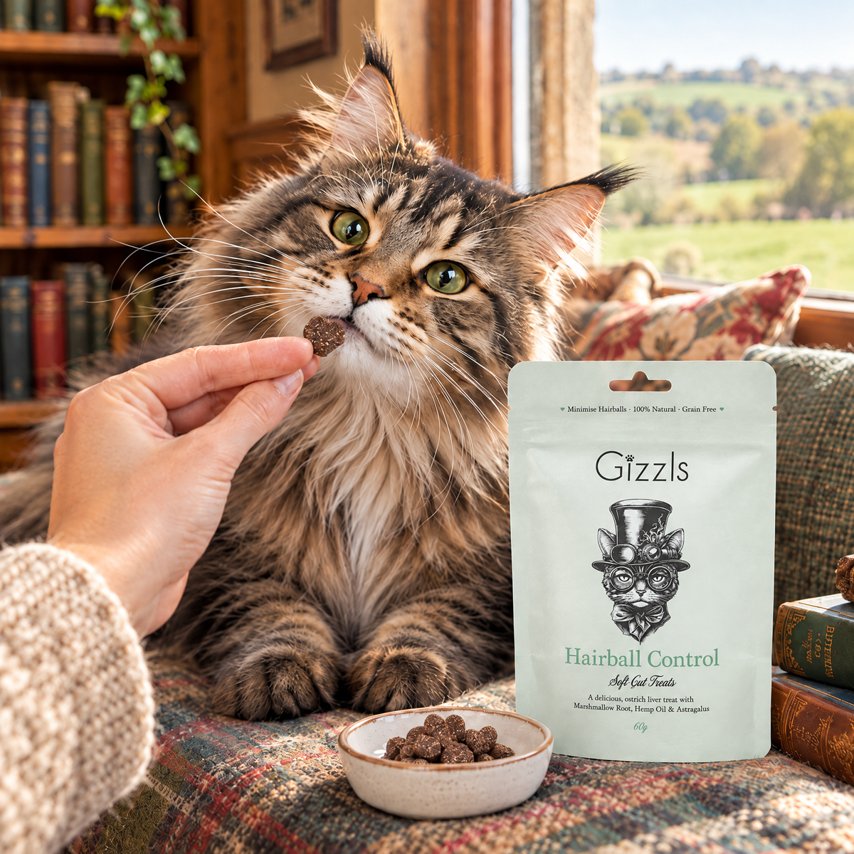 Maine Coon cat being fed a Gizzls Hairball Control Soft Cat Treats treat