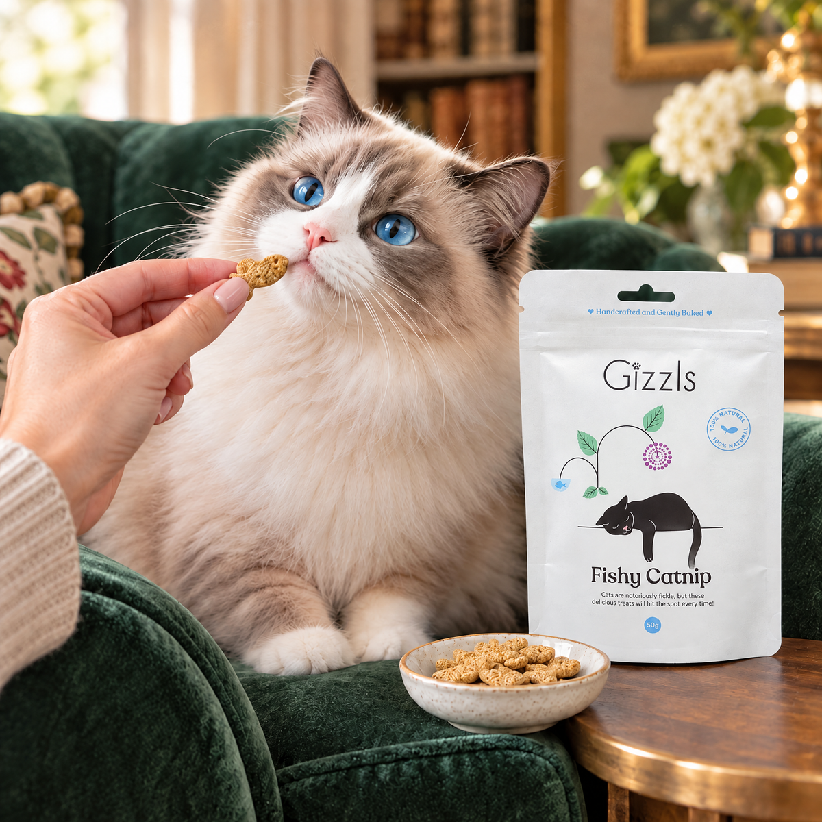 Ragdoll cat being fed a Gizzls Fishy Catnip Cat Treats treat