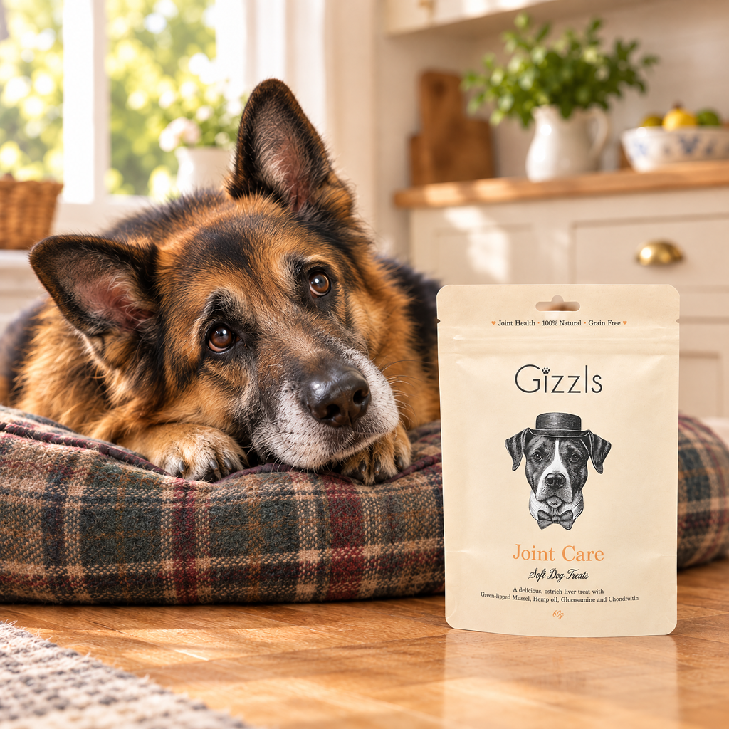 Senior German Shepherd gazing at a pack of Gizzls Joint Care Soft Dog Treats