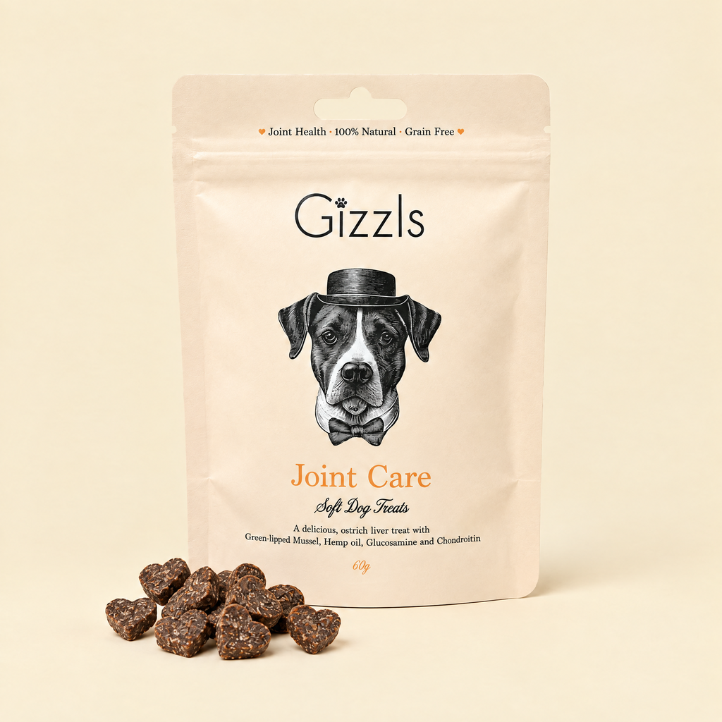 Gizzls Joint Care Soft Dog Treats pack with treats on cream