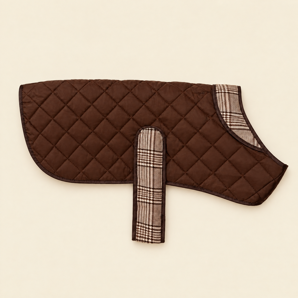 Foxbury Plaid Quilted Dog Coat laid flat on cream