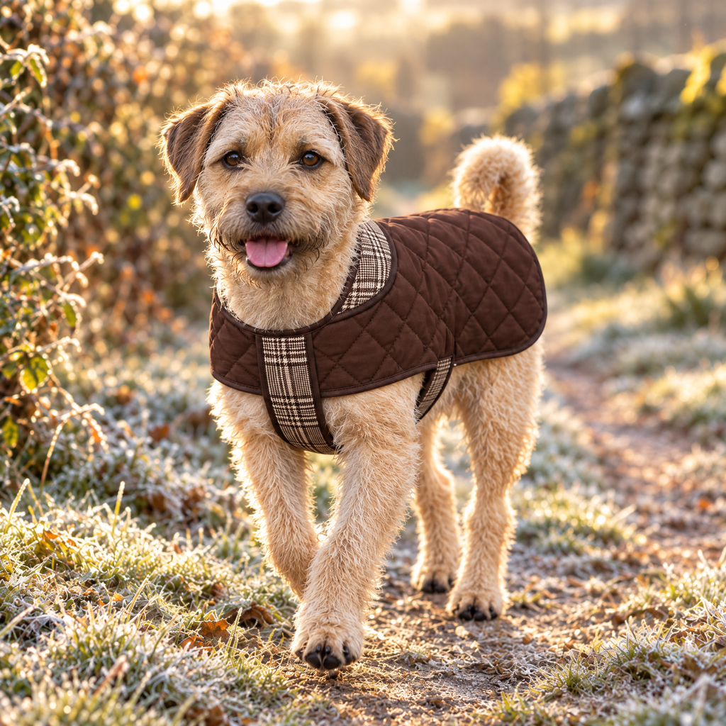 Border Terrier wearing the Foxbury Plaid Quilted Dog Coat on a frosty country path