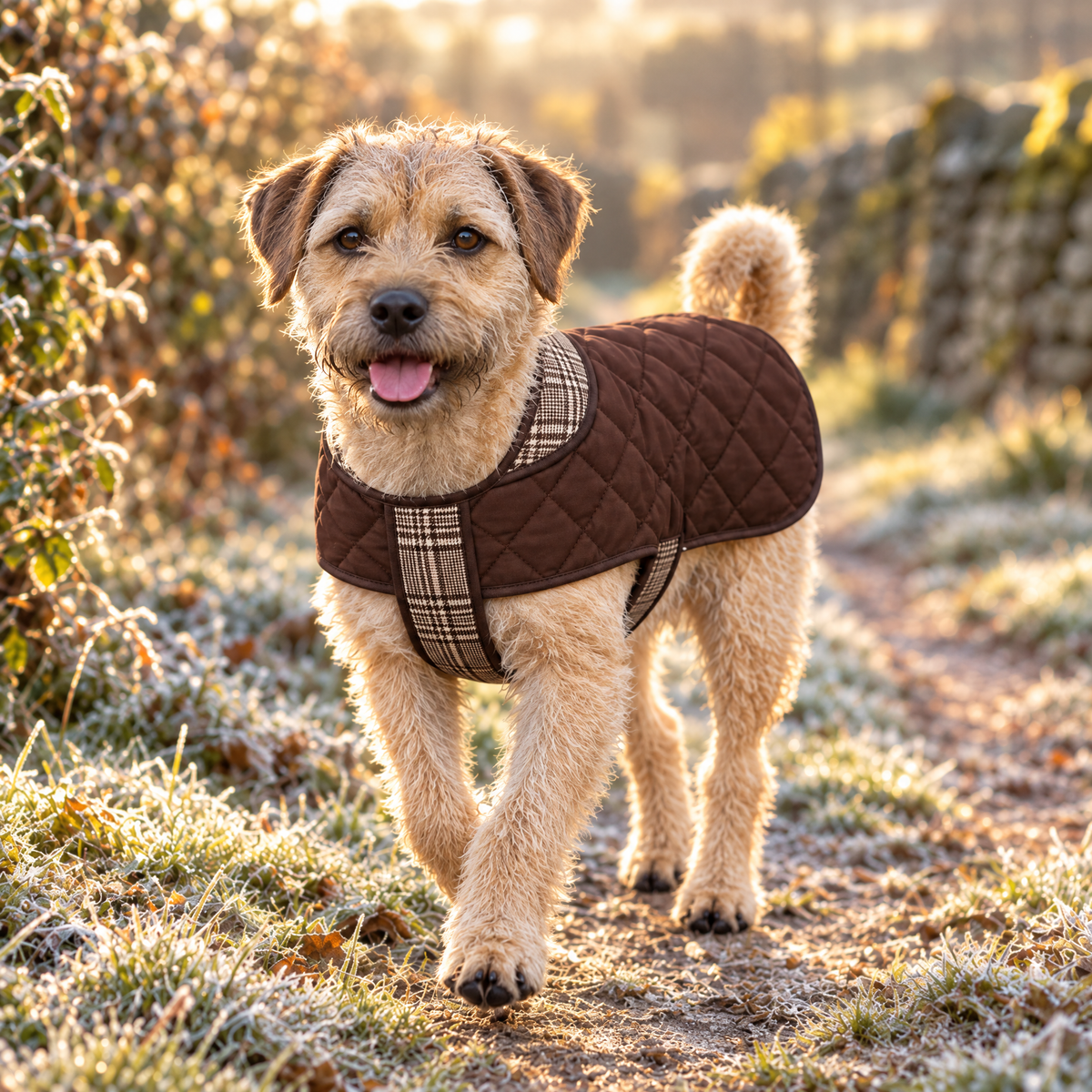 Border Terrier wearing the Foxbury Plaid Quilted Dog Coat on a frosty country path