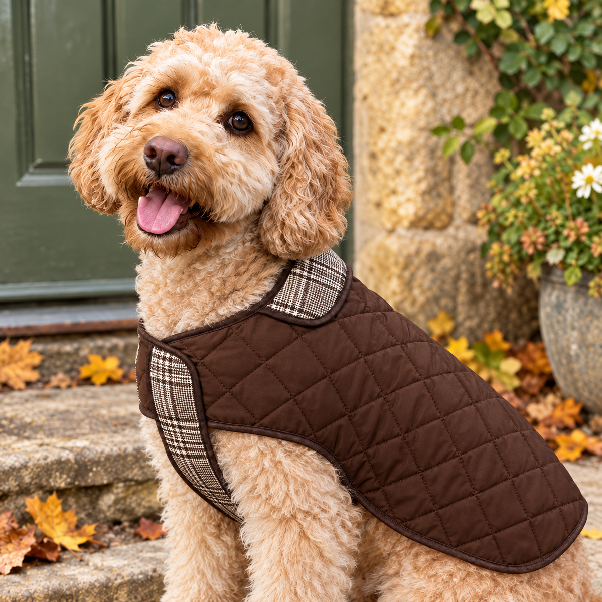 Cockapoo in the Foxbury Plaid Quilted Dog Coat on a cottage step
