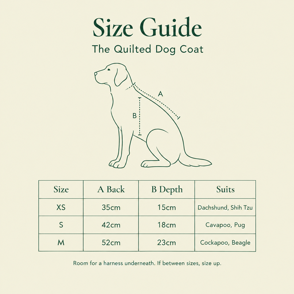 Size guide for the quilted dog coat: back length and depth for XS, S and M