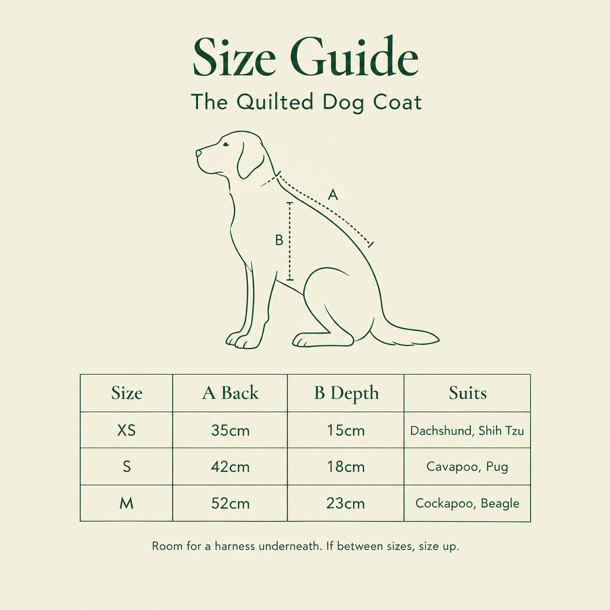Size guide for the quilted dog coat: back length and depth for XS, S and M