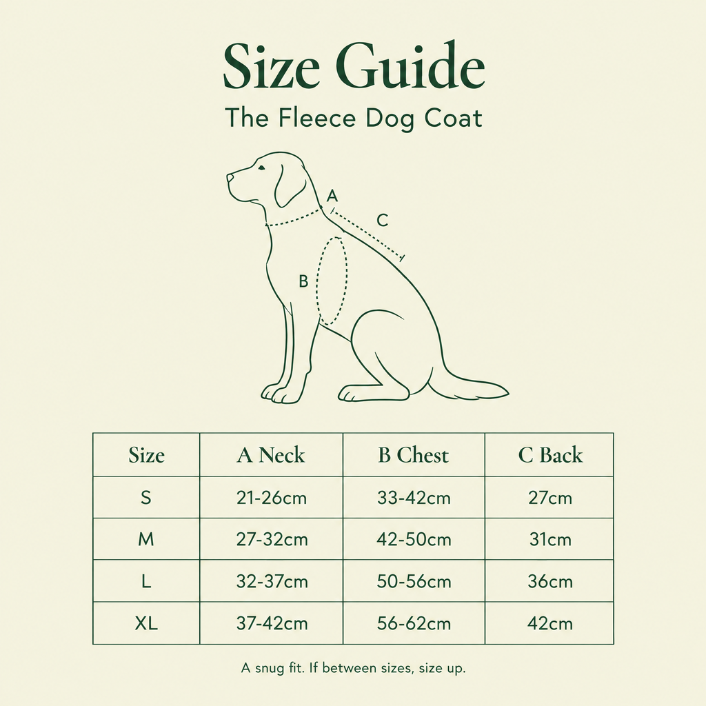 Size guide for the fleece dog coat: neck, chest and back for S to XL