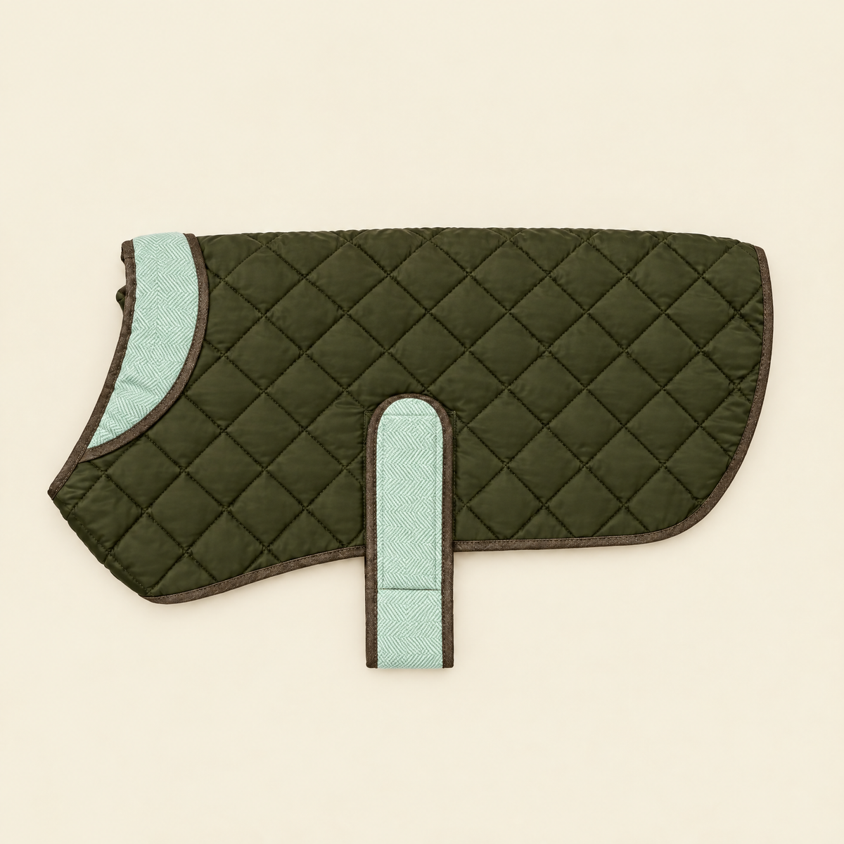 Khaki Tweed Quilted Coat laid flat on cream