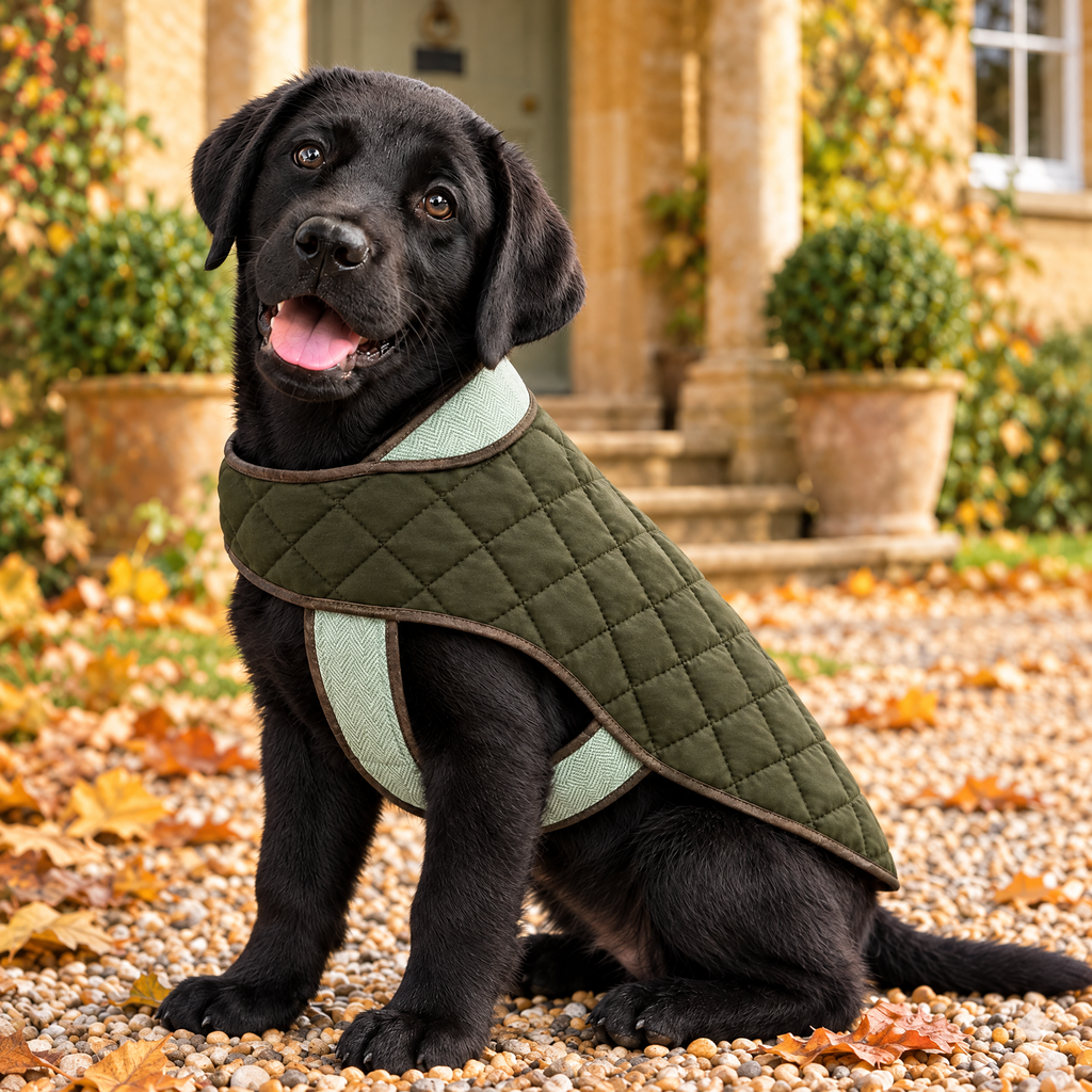 Black Labrador puppy in the Khaki Tweed Quilted Coat on a country house drive