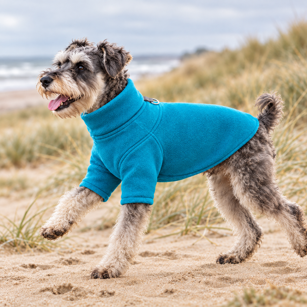 Miniature Schnauzer in the Blue Fleece Dog Coat on a Norfolk beach