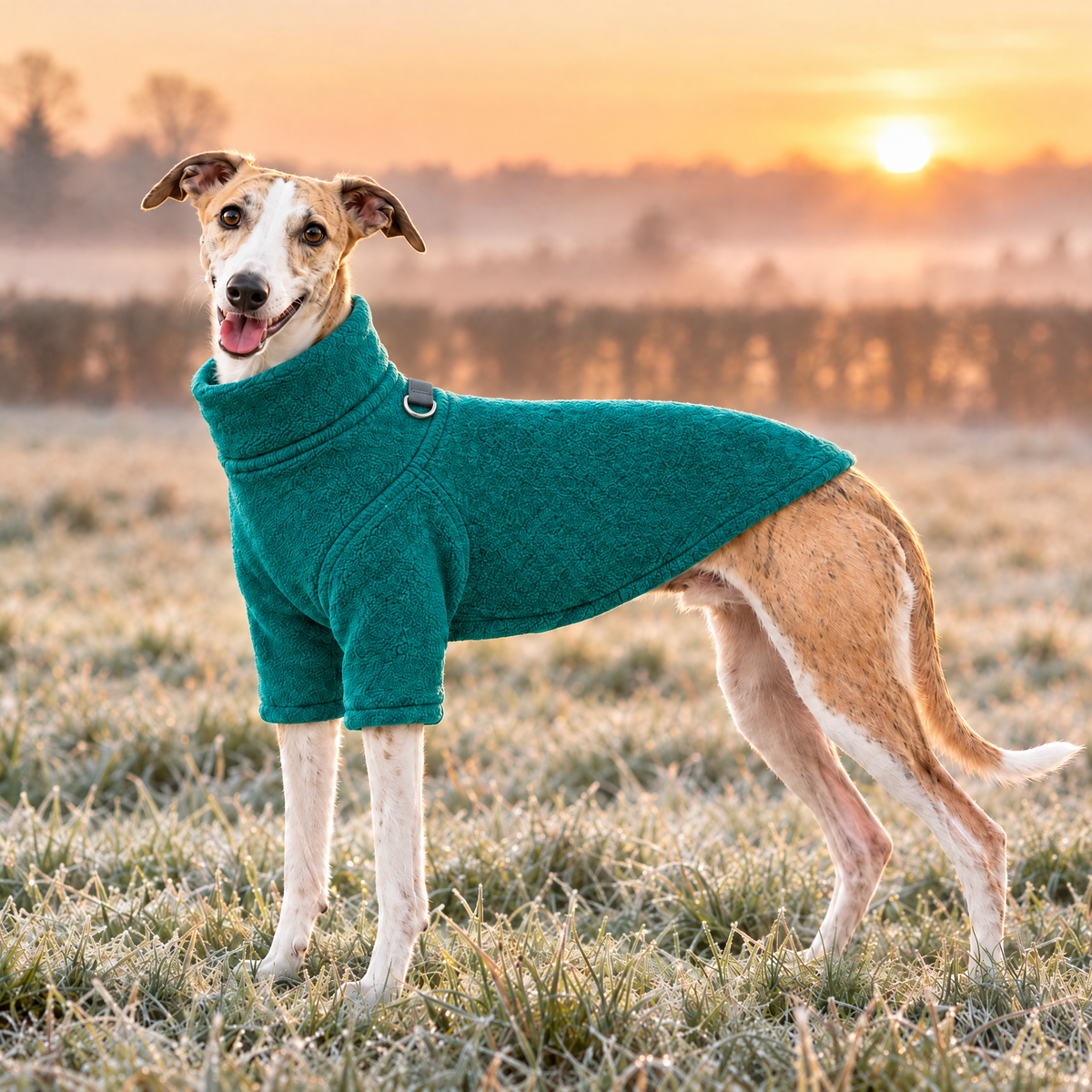 Whippet wearing the Green Fleece Dog Coat on a frosty meadow at sunrise