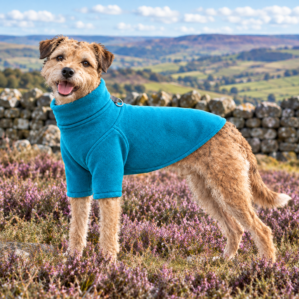 Border Terrier wearing the Blue Fleece Dog Coat on a heather moor
