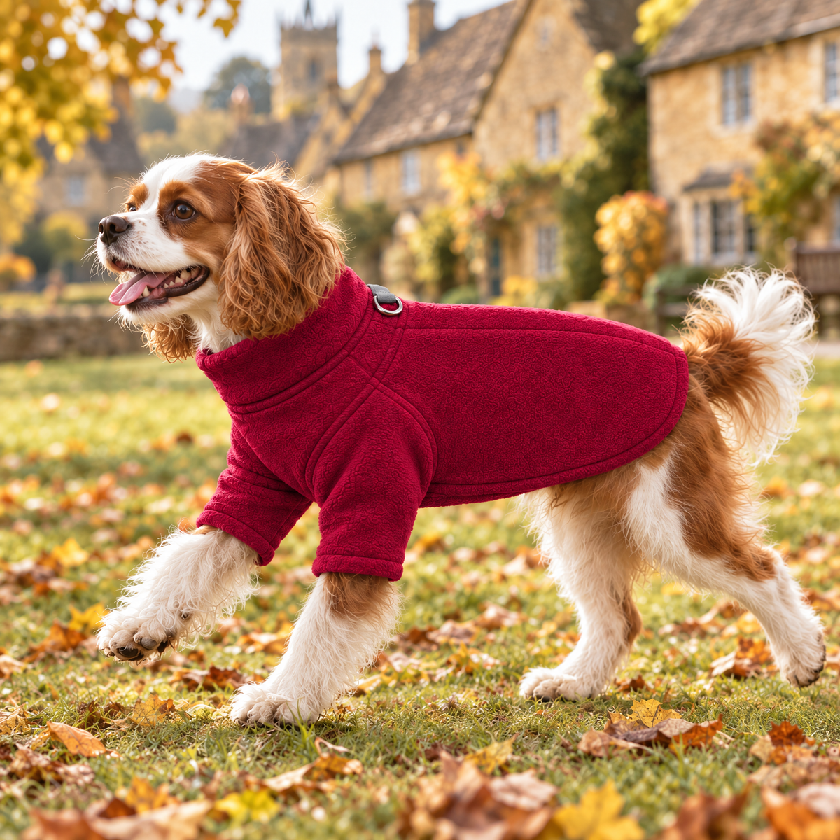 Cavalier King Charles Spaniel in the Berry Red Fleece Dog Coat on a Cotswold village green