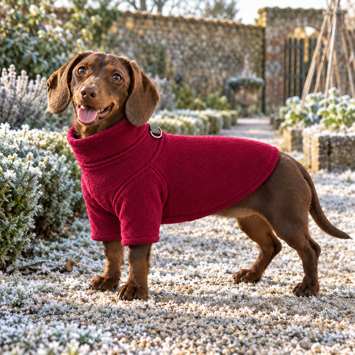 Miniature Dachshund wearing the Berry Red Fleece Dog Coat in a frosty walled garden
