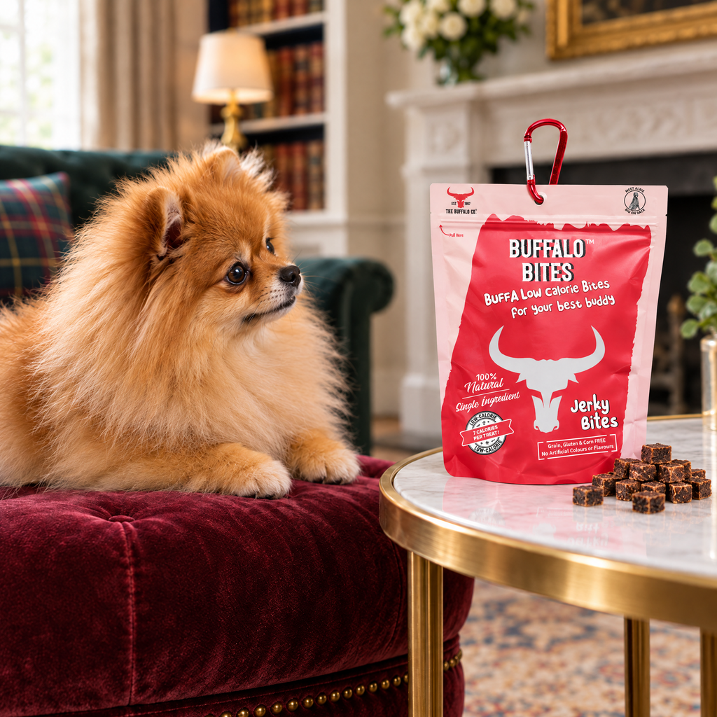 Pomeranian gazing at a pack of Buffalo Jerky Bites by The Buffalo Co.