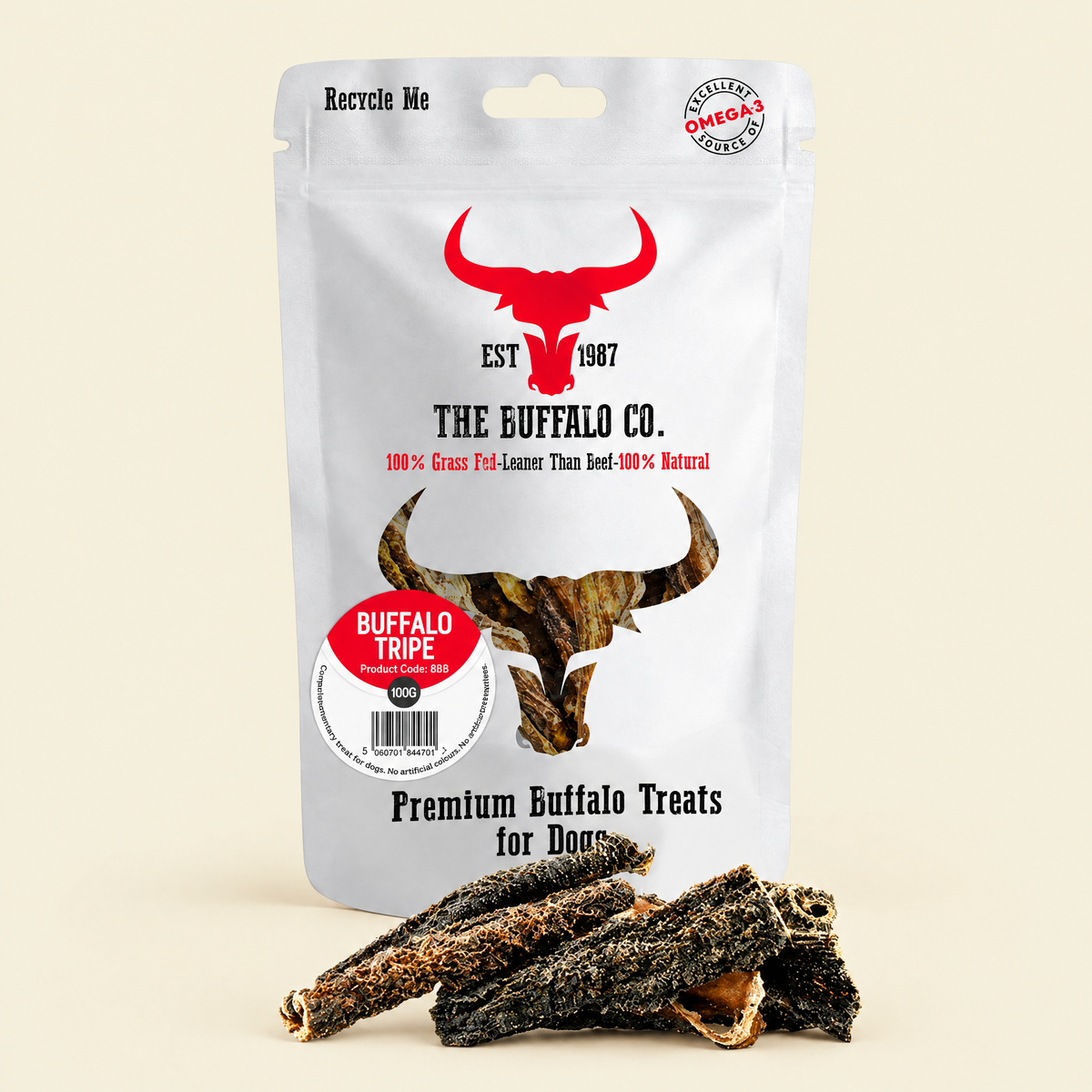 Buffalo Tripe Dog Treats by The Buffalo Co. pack on a cream background