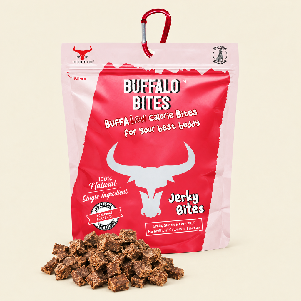 Buffalo Jerky Bites by The Buffalo Co. pack on a cream background