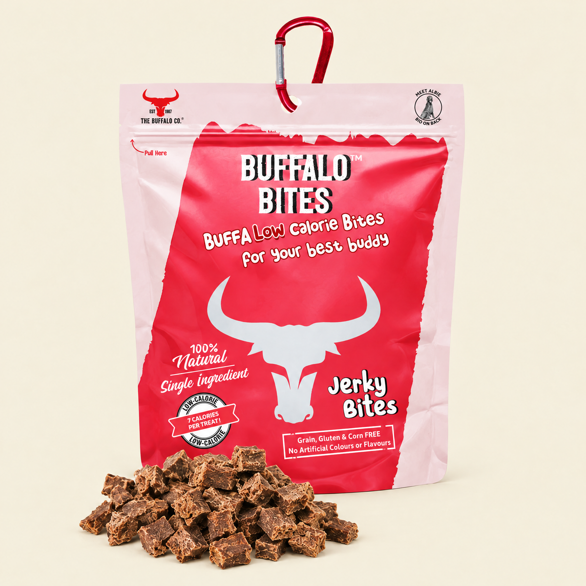 Buffalo Jerky Bites by The Buffalo Co. pack on a cream background