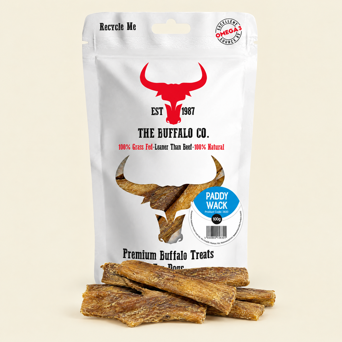 Buffalo Paddywack Dog Chews by The Buffalo Co. pack on a cream background