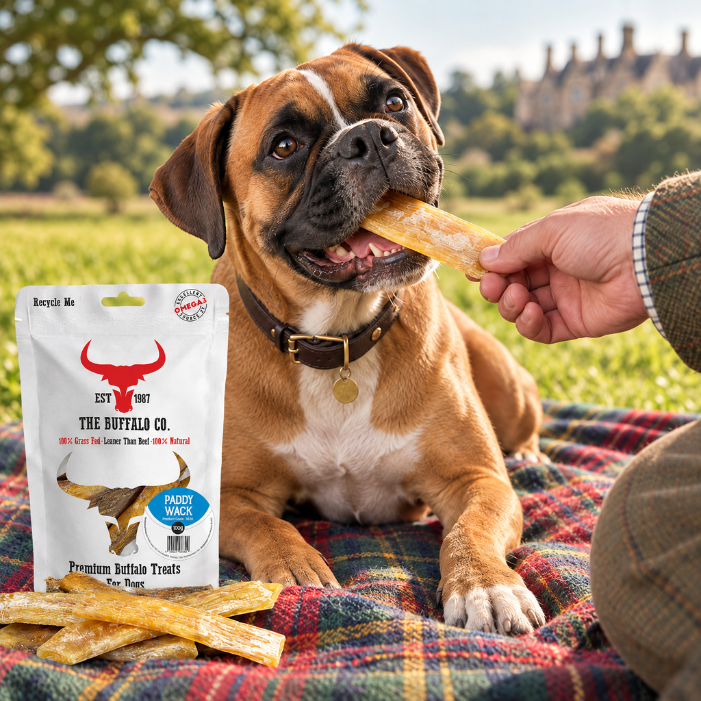 Boxer being fed Buffalo Paddywack Dog Chews by The Buffalo Co.