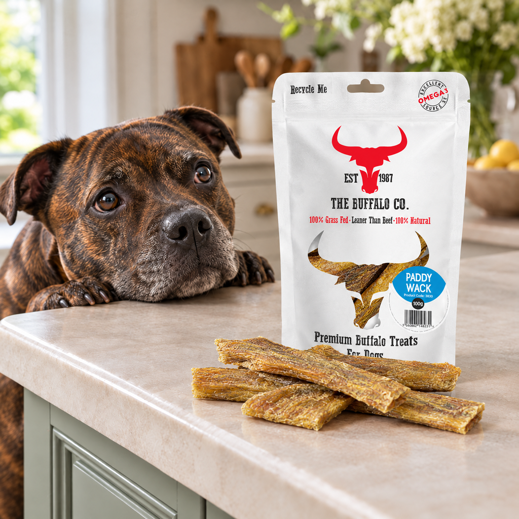 Staffordshire Bull Terrier gazing at a pack of Buffalo Paddywack Dog Chews by The Buffalo Co.