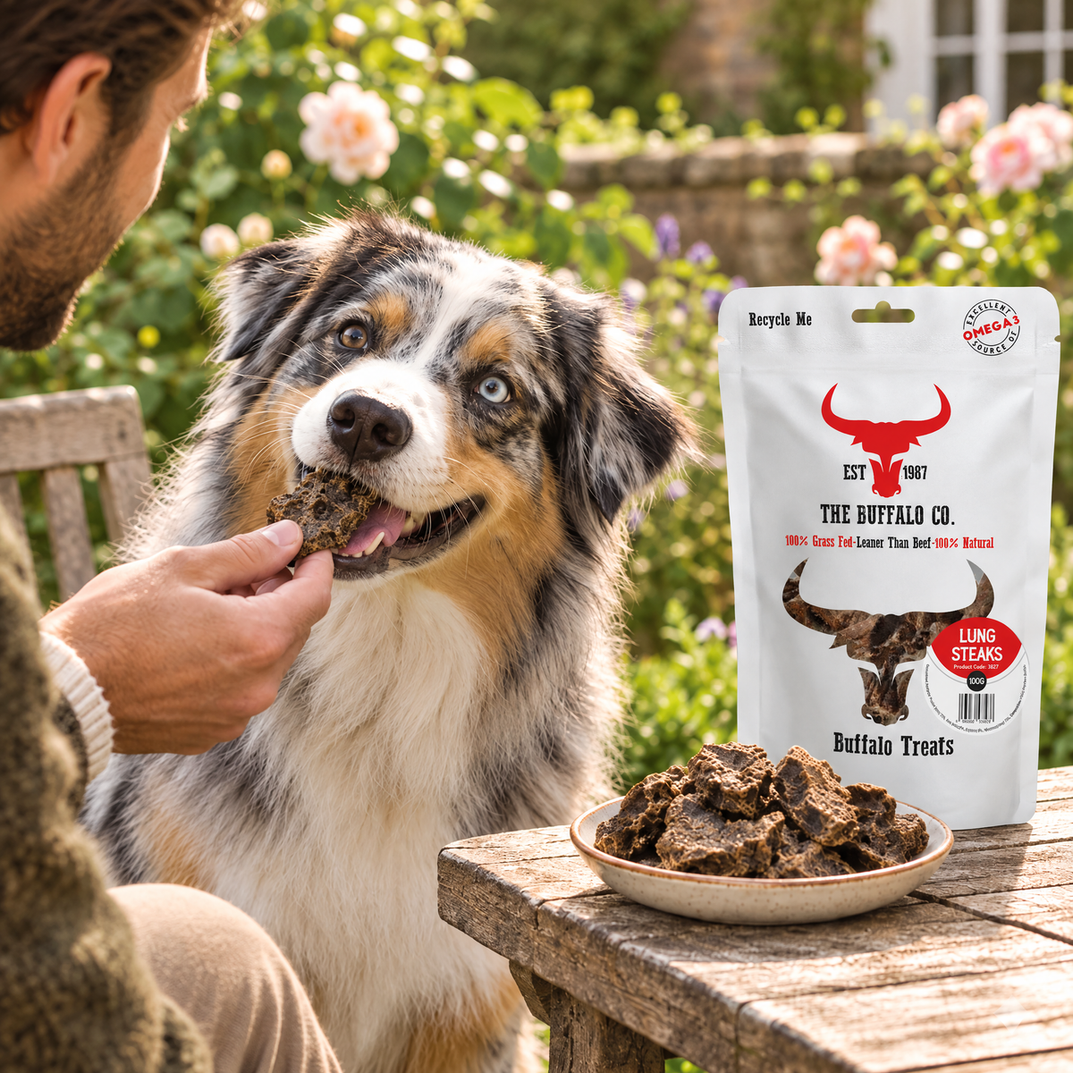 Australian Shepherd being fed Buffalo Lung Steaks by The Buffalo Co.