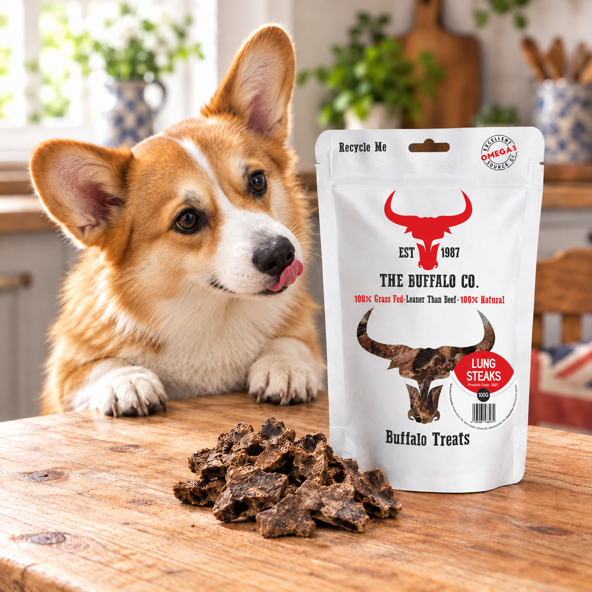 Corgi gazing at a pack of Buffalo Lung Steaks by The Buffalo Co.