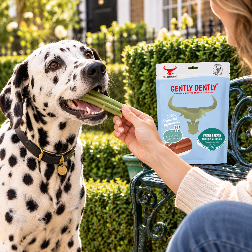 Dalmatian being fed Gently Dently Fresh Breath Mint Dental Chews by The Buffalo Co.
