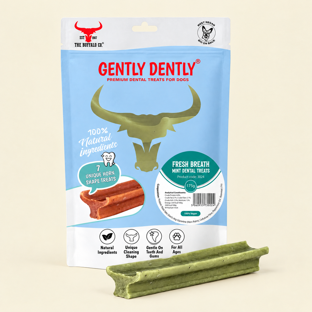 Gently Dently Fresh Breath Mint Dental Chews by The Buffalo Co. pack on a cream background