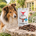 Rough Collie gazing at a pack of Buffalo Tail Dog Chews by The Buffalo Co.