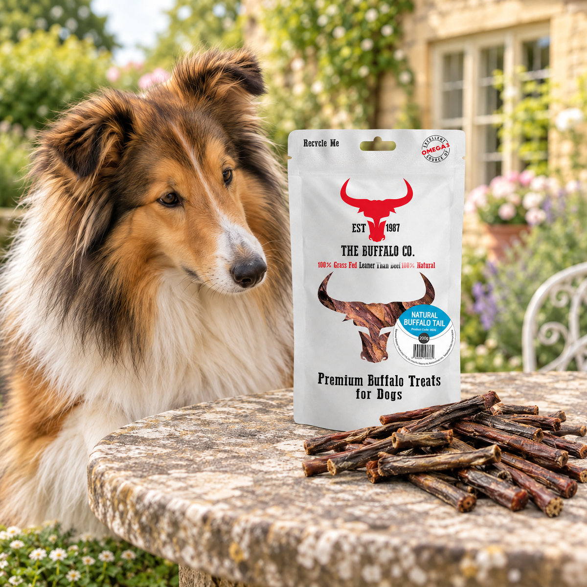 Rough Collie gazing at a pack of Buffalo Tail Dog Chews by The Buffalo Co.