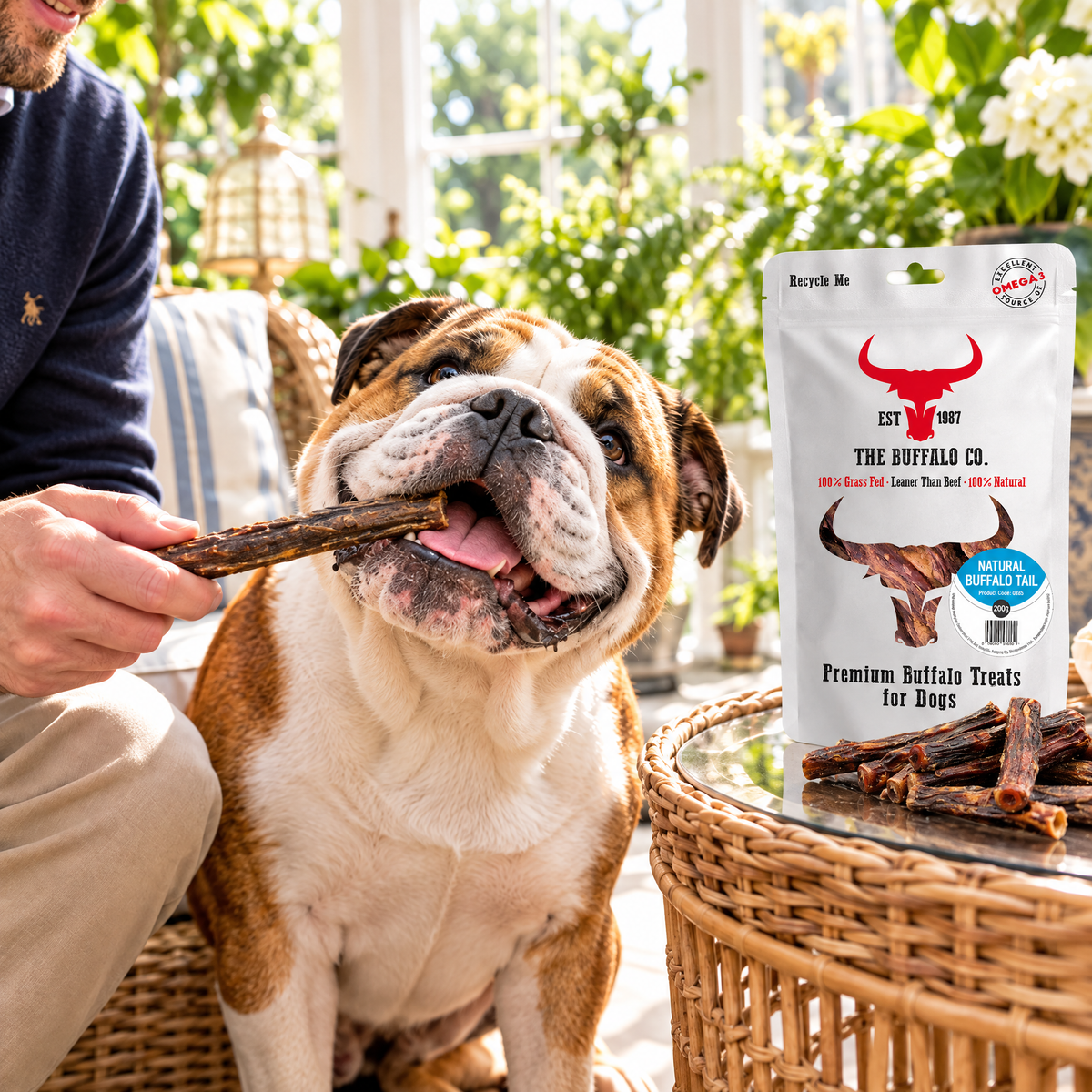 English Bulldog being fed Buffalo Tail Dog Chews by The Buffalo Co.