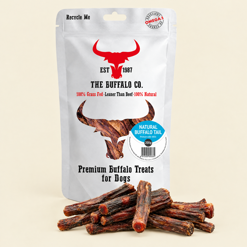 Buffalo Tail Dog Chews by The Buffalo Co. pack on a cream background