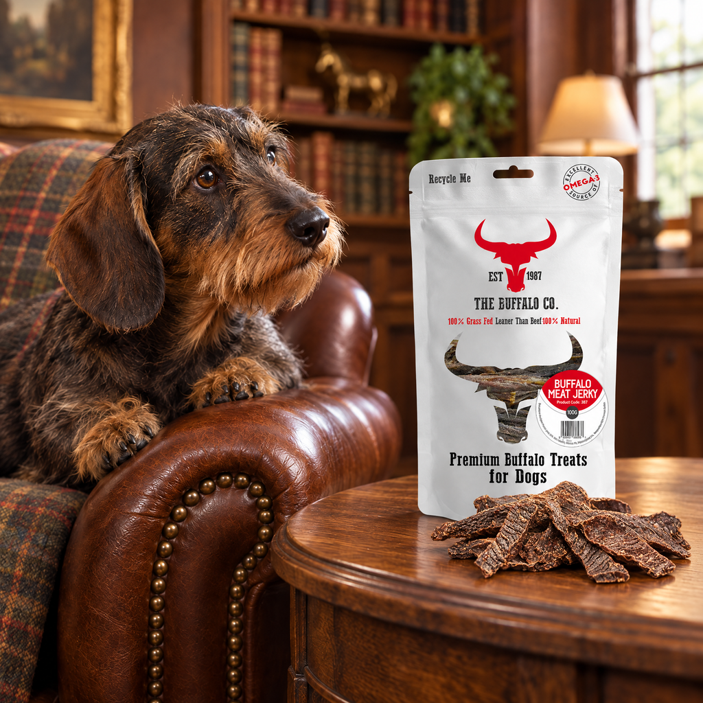 Wire-haired Dachshund gazing at a pack of Buffalo Meat Jerky by The Buffalo Co.