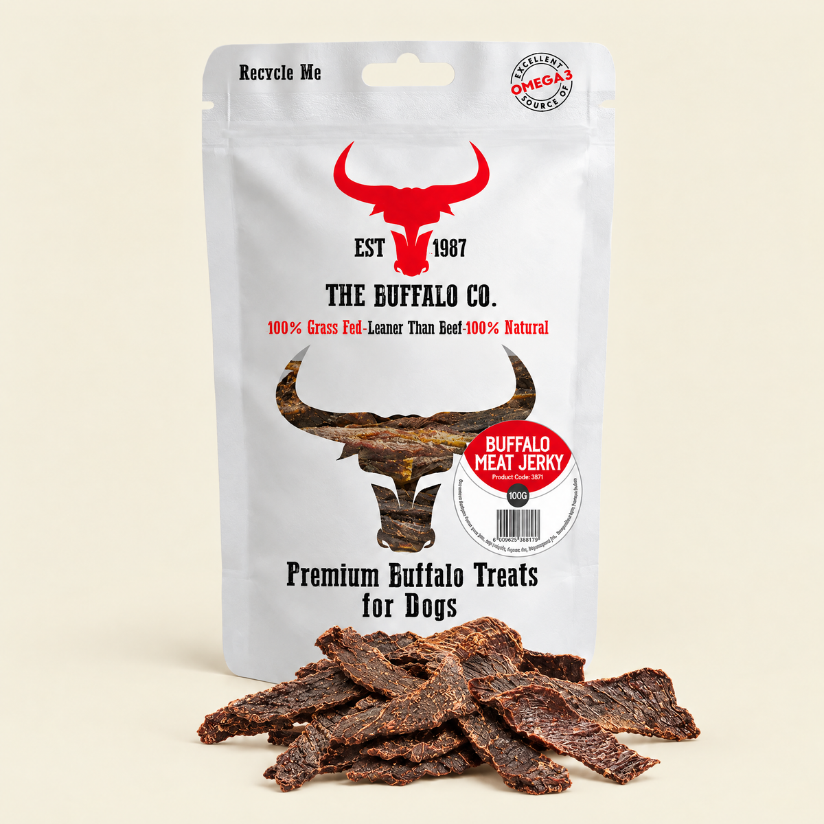 Buffalo Meat Jerky by The Buffalo Co. pack on a cream background