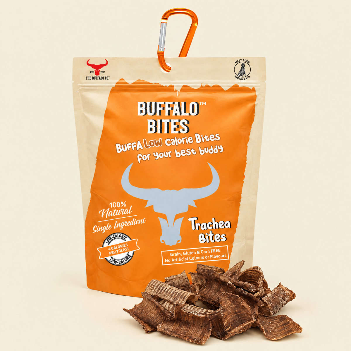 Buffalo Trachea Bites by The Buffalo Co. pack on a cream background