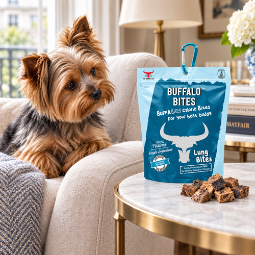 Yorkshire Terrier gazing at a pack of Buffalo Lung Bites by The Buffalo Co.