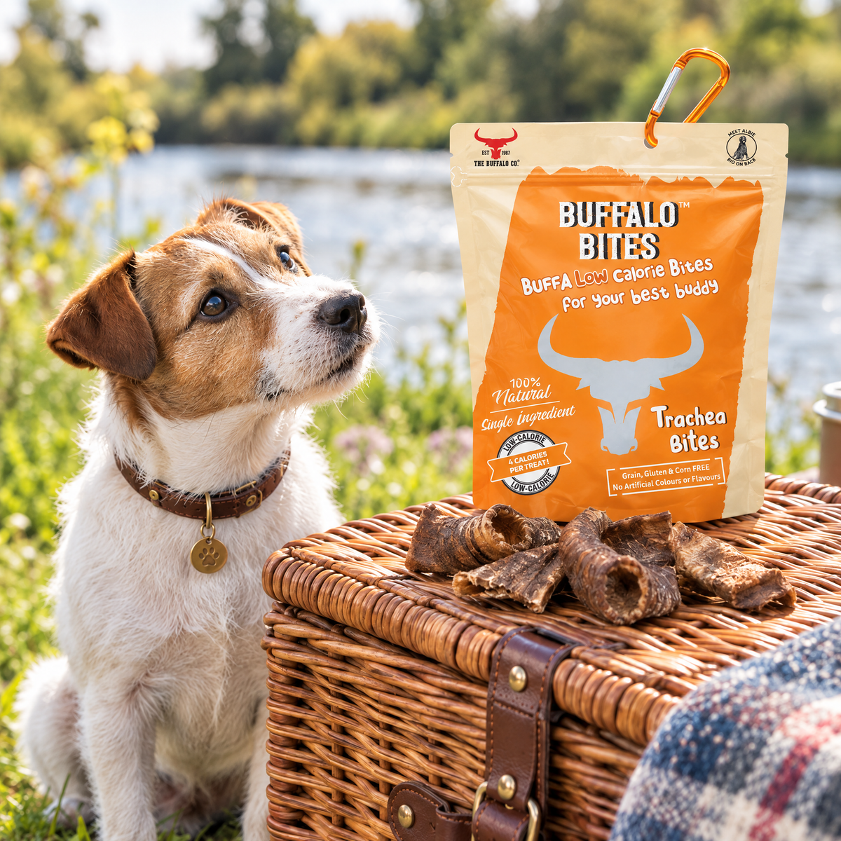 Jack Russell gazing at a pack of Buffalo Trachea Bites by The Buffalo Co.