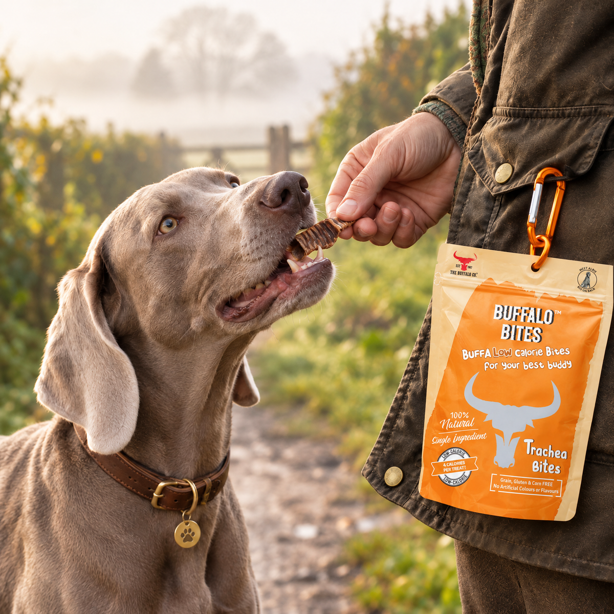 Weimaraner being fed Buffalo Trachea Bites by The Buffalo Co.