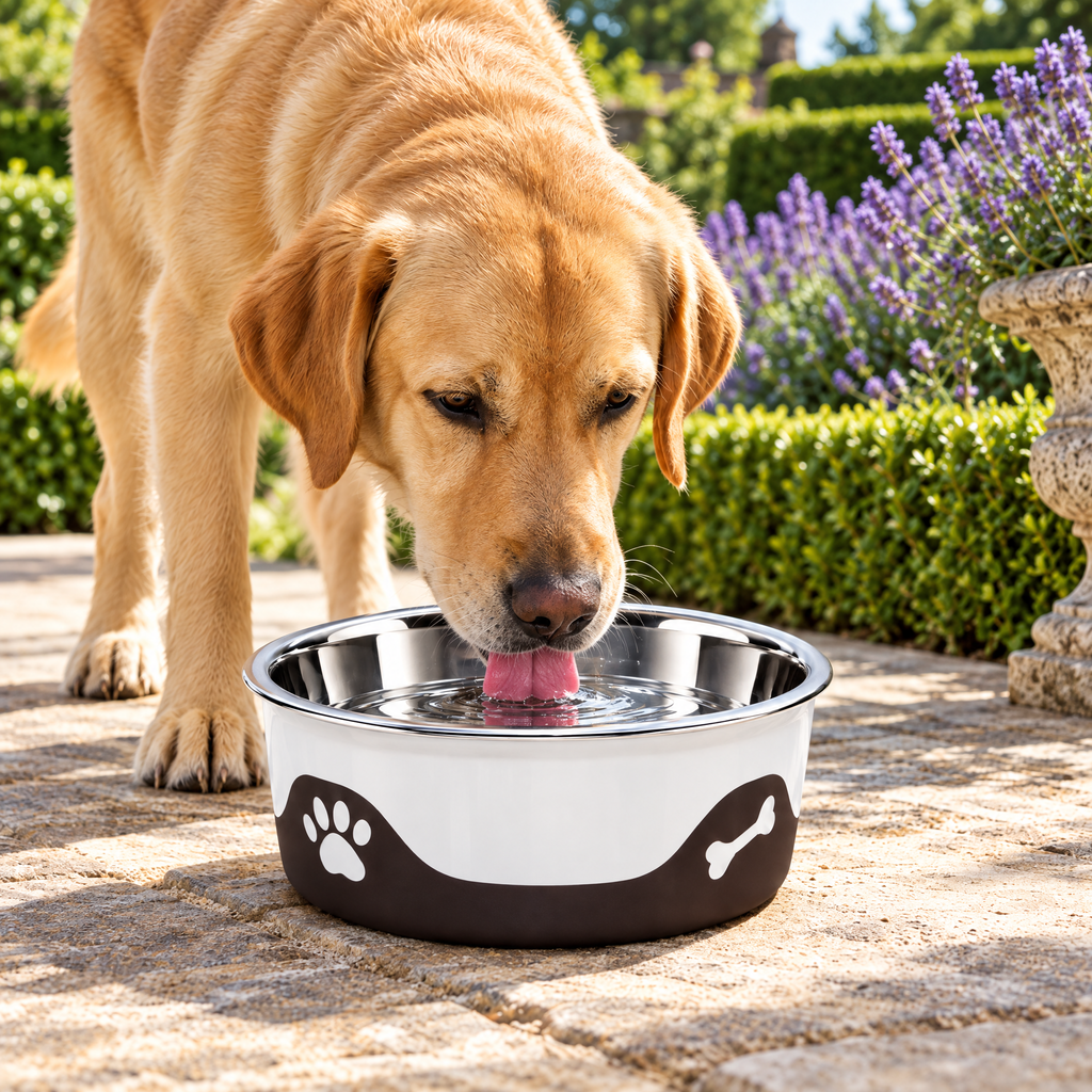 Labrador drinking from the ThermaCool Cooling Dog Bowl in Espresso on a garden terrace